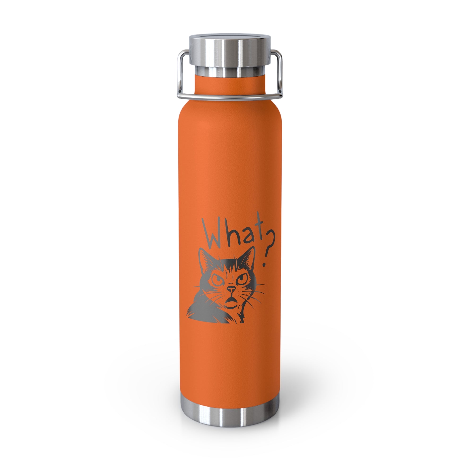 Orange water bottle with a cat graphic and 'What?' text on a white background
