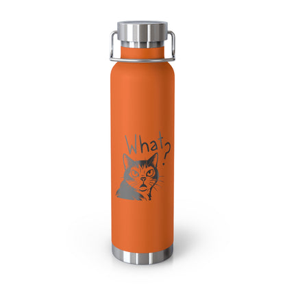 Orange water bottle with a cat graphic and 'What?' text on a white background