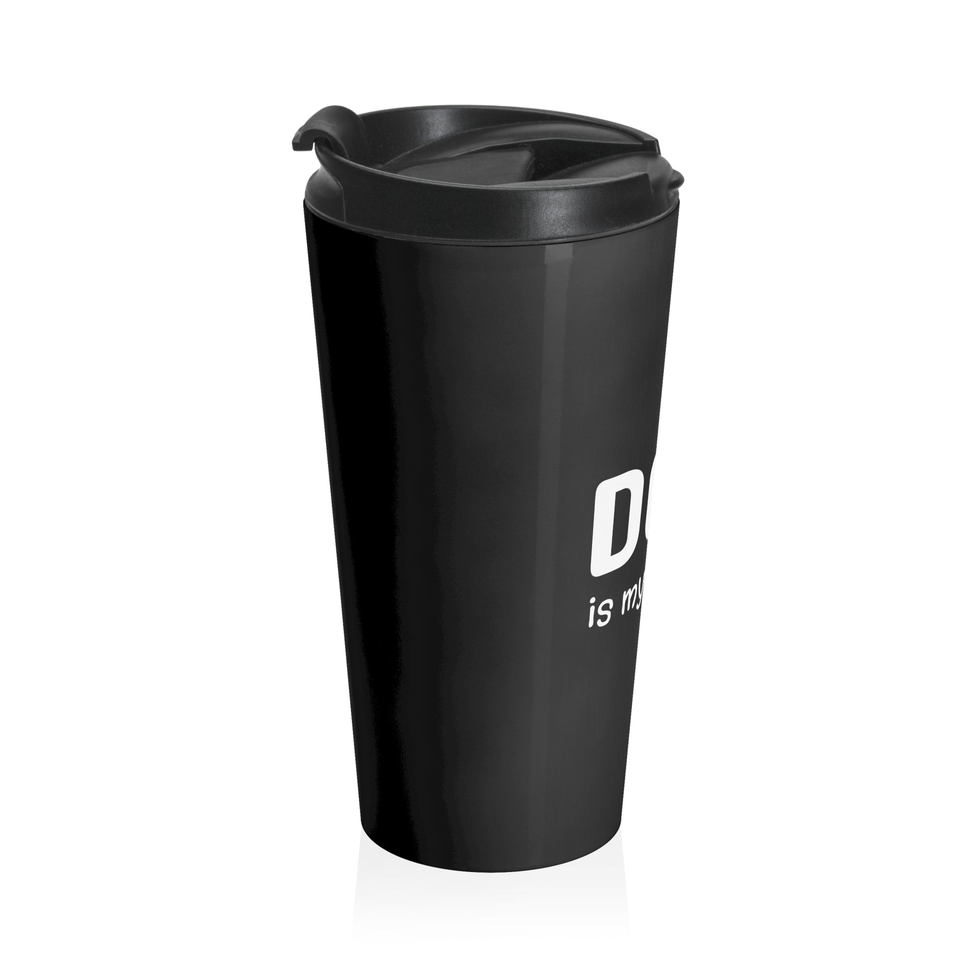 Black travel mug with a lid on a white background