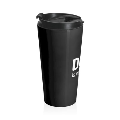 Black travel mug with a lid on a white background