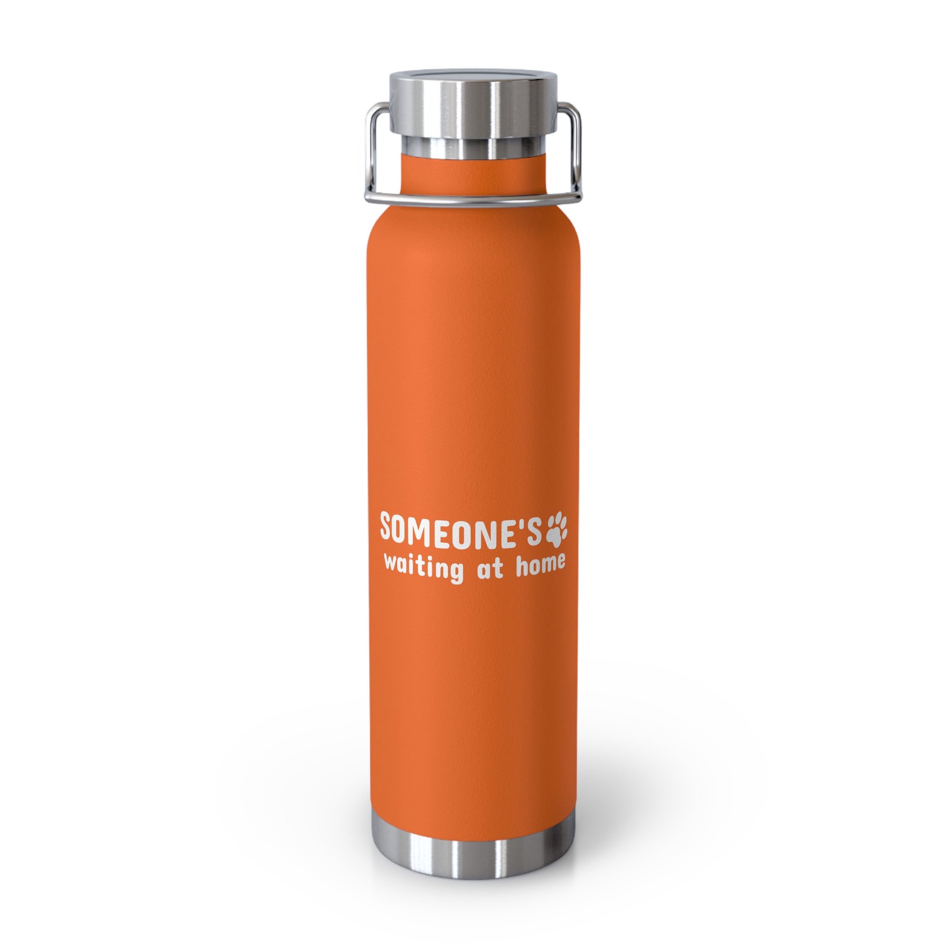 Orange water bottle with 'SOMEONE'S waiting at home' text on a white background