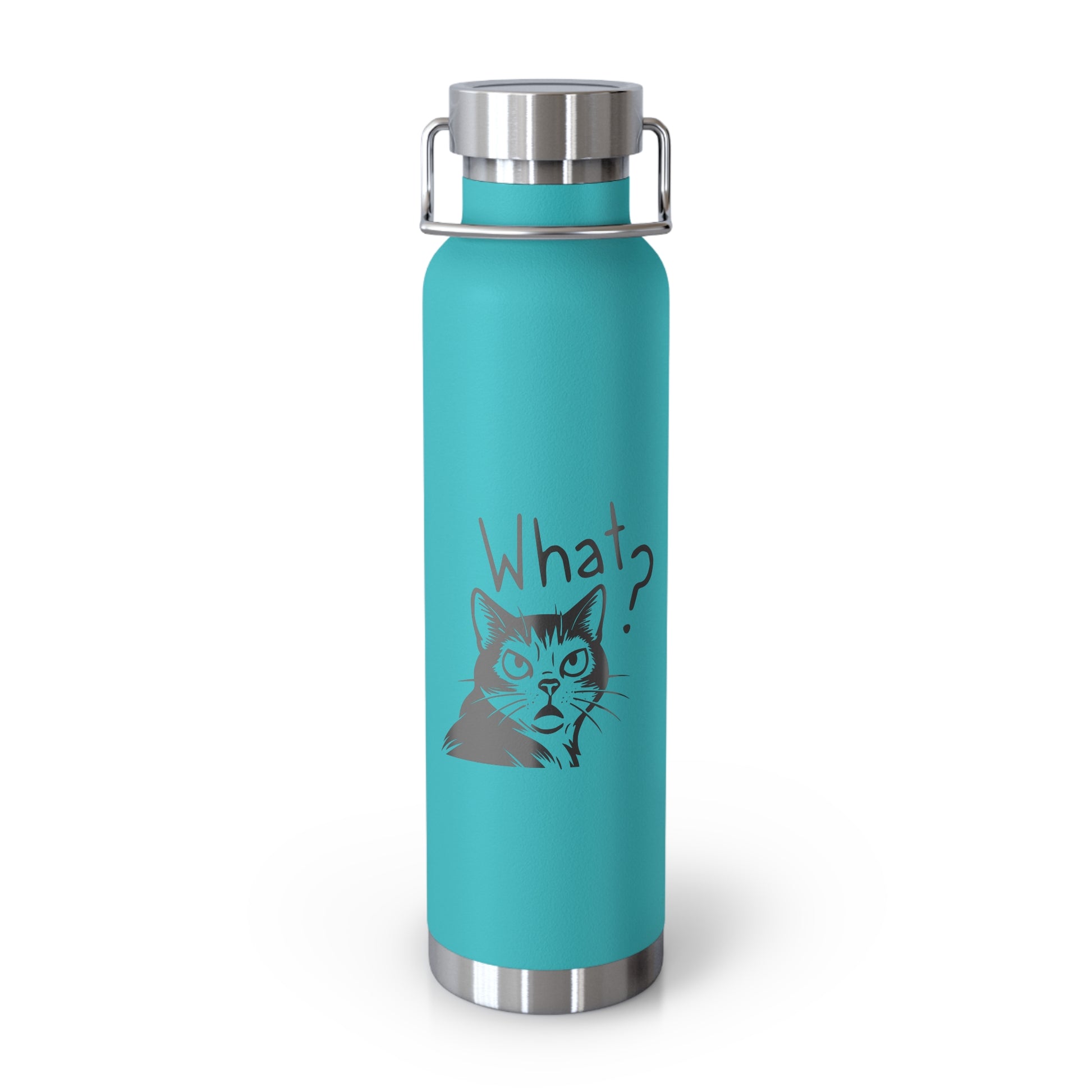 Turquoise water bottle with a cat illustration and 'What?' text on a white background