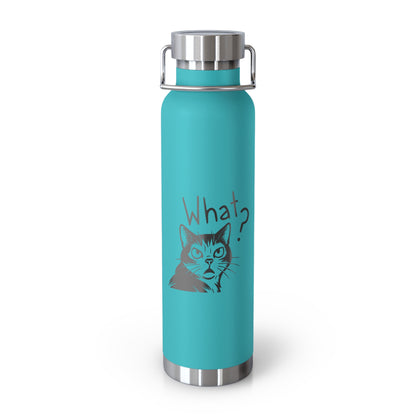 Turquoise water bottle with a cat illustration and 'What?' text on a white background
