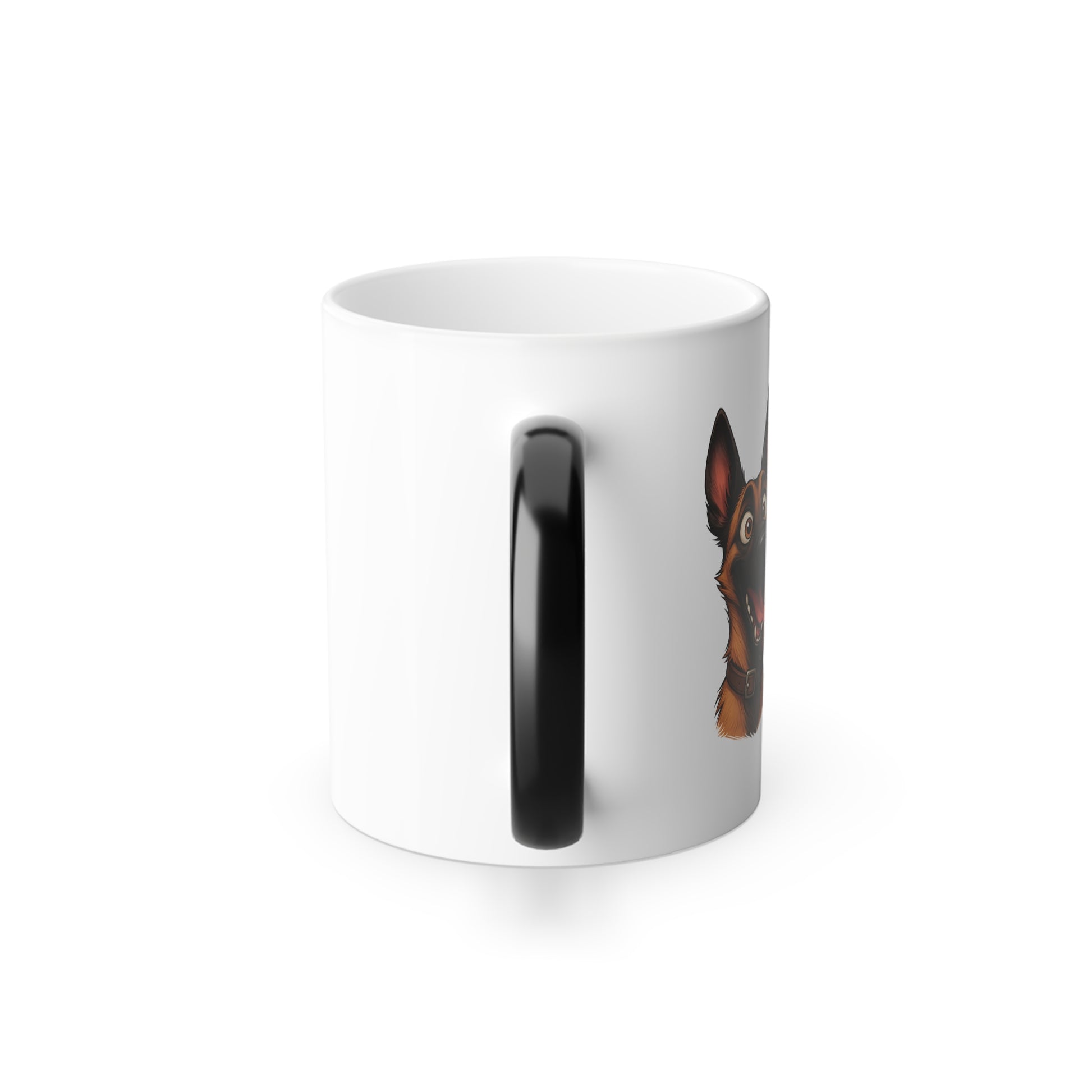 White mug with a black handle featuring a butterfly design on a white background