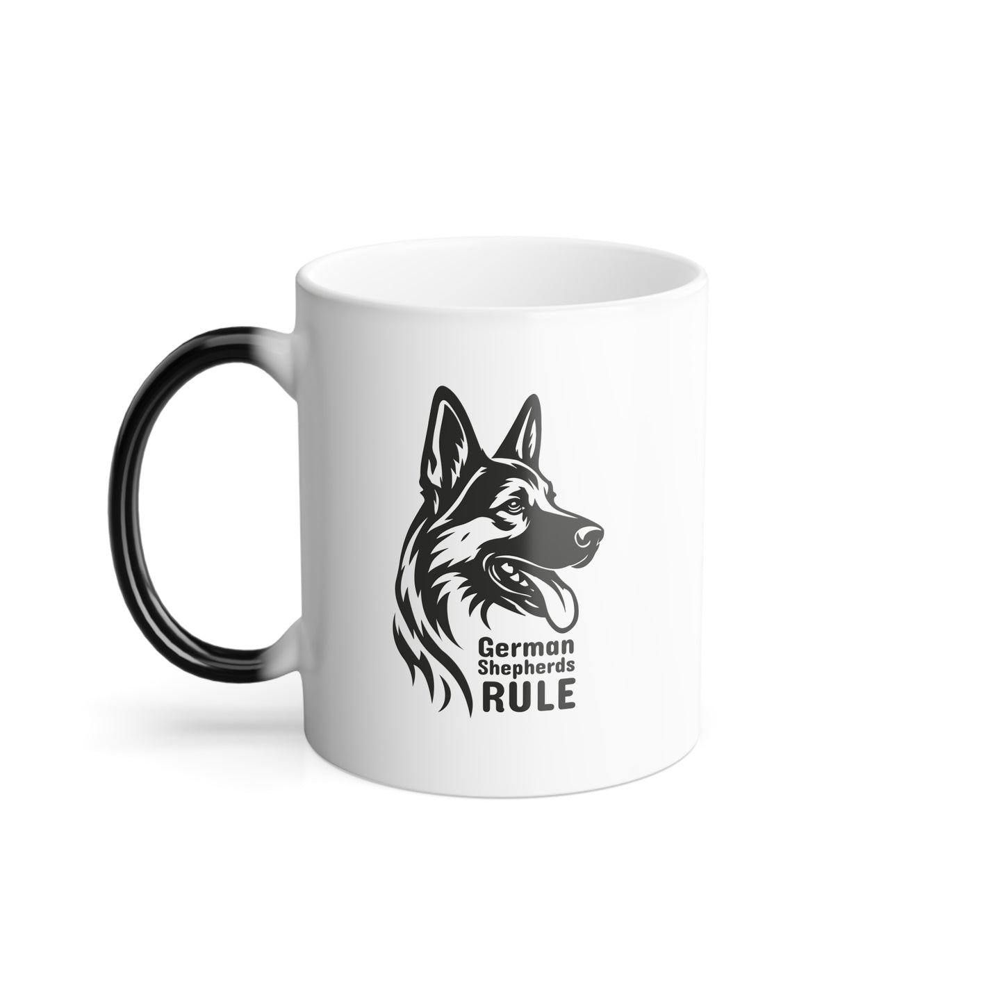 White mug with black handle featuring a German Shepherd design and 'German Shepherds Rule' text on a white background.
