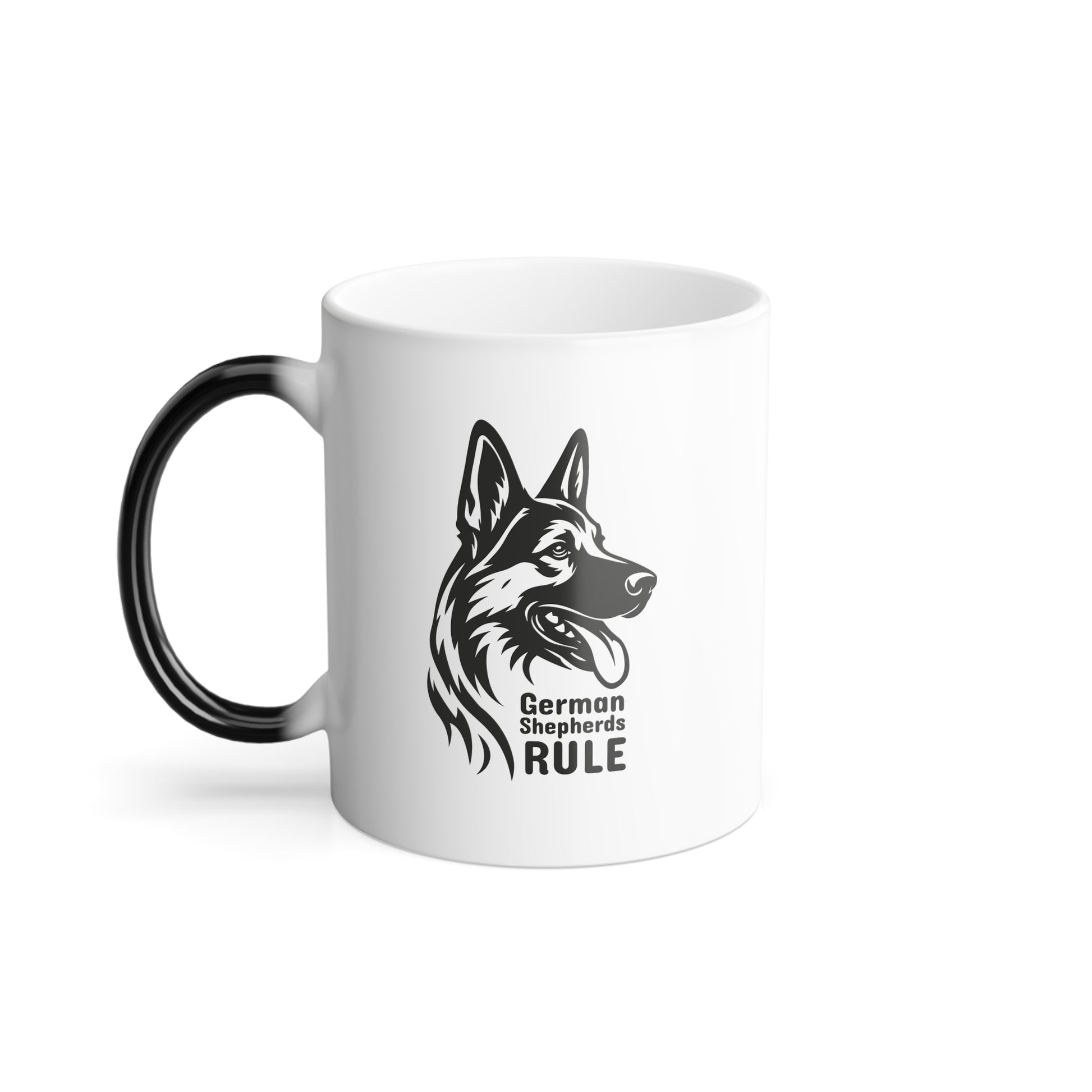 White mug with black handle featuring a German Shepherd design and 'German Shepherds Rule' text on a white background.