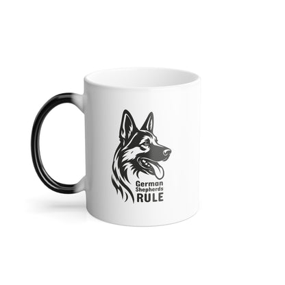 White mug with black handle featuring a German Shepherd design and 'German Shepherds Rule' text on a white background.