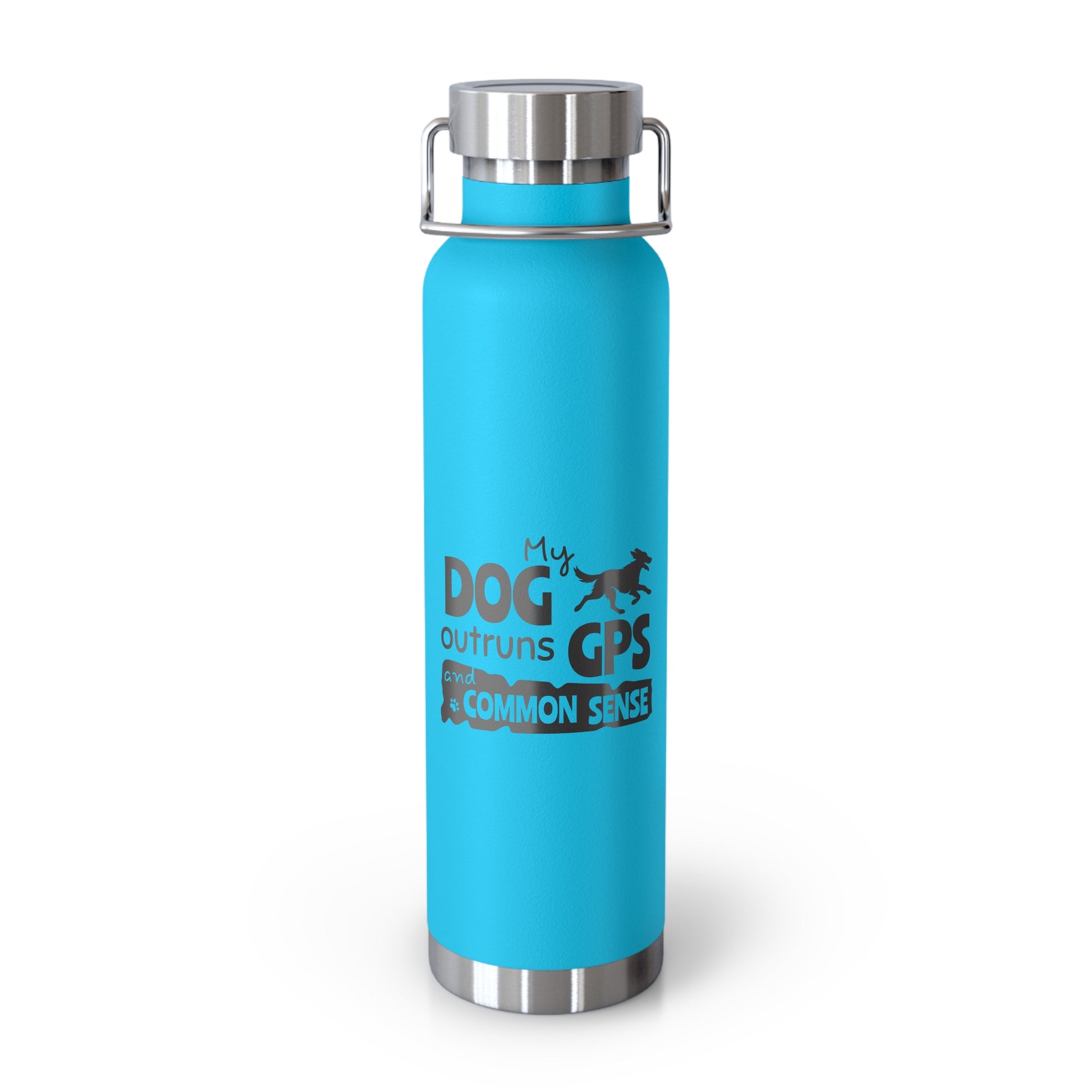 Blue water bottle with silver cap and text on a white background