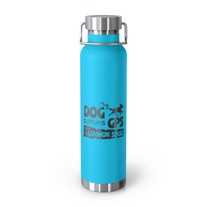 Blue water bottle with silver cap and text on a white background