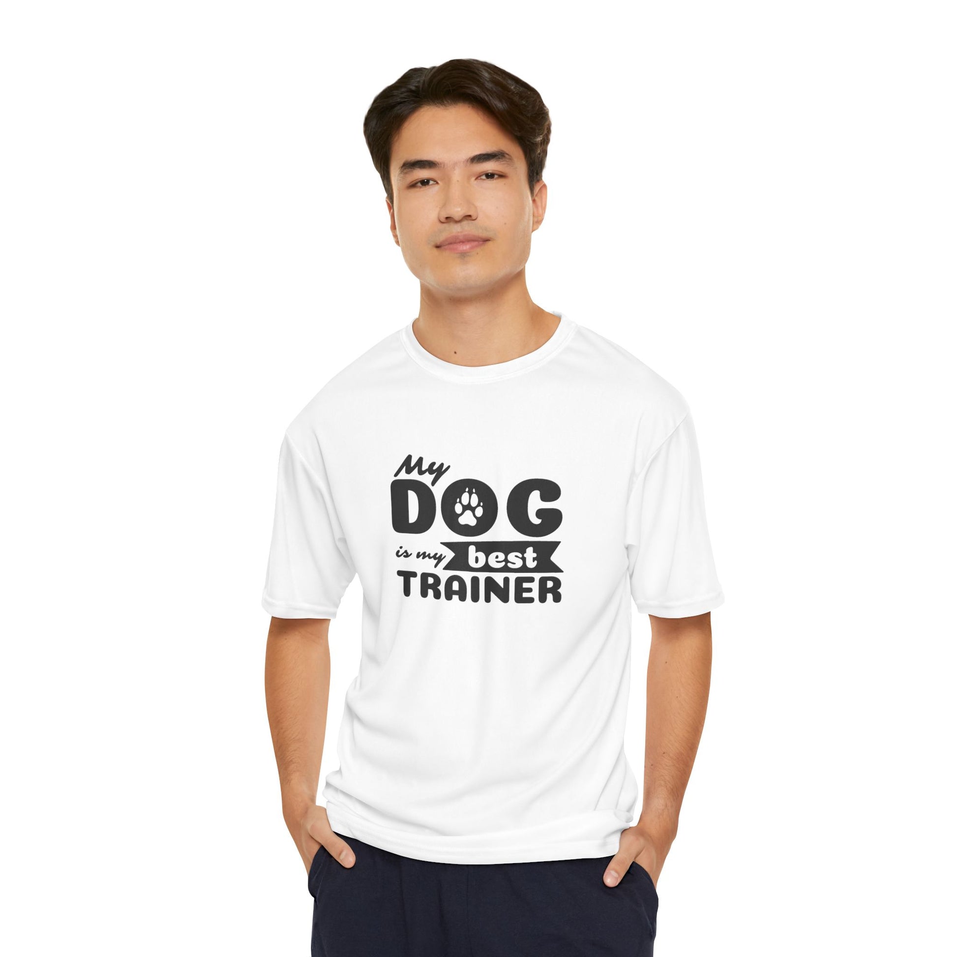 Man wearing a white t-shirt with 'My dog is my best trainer' text on a white background