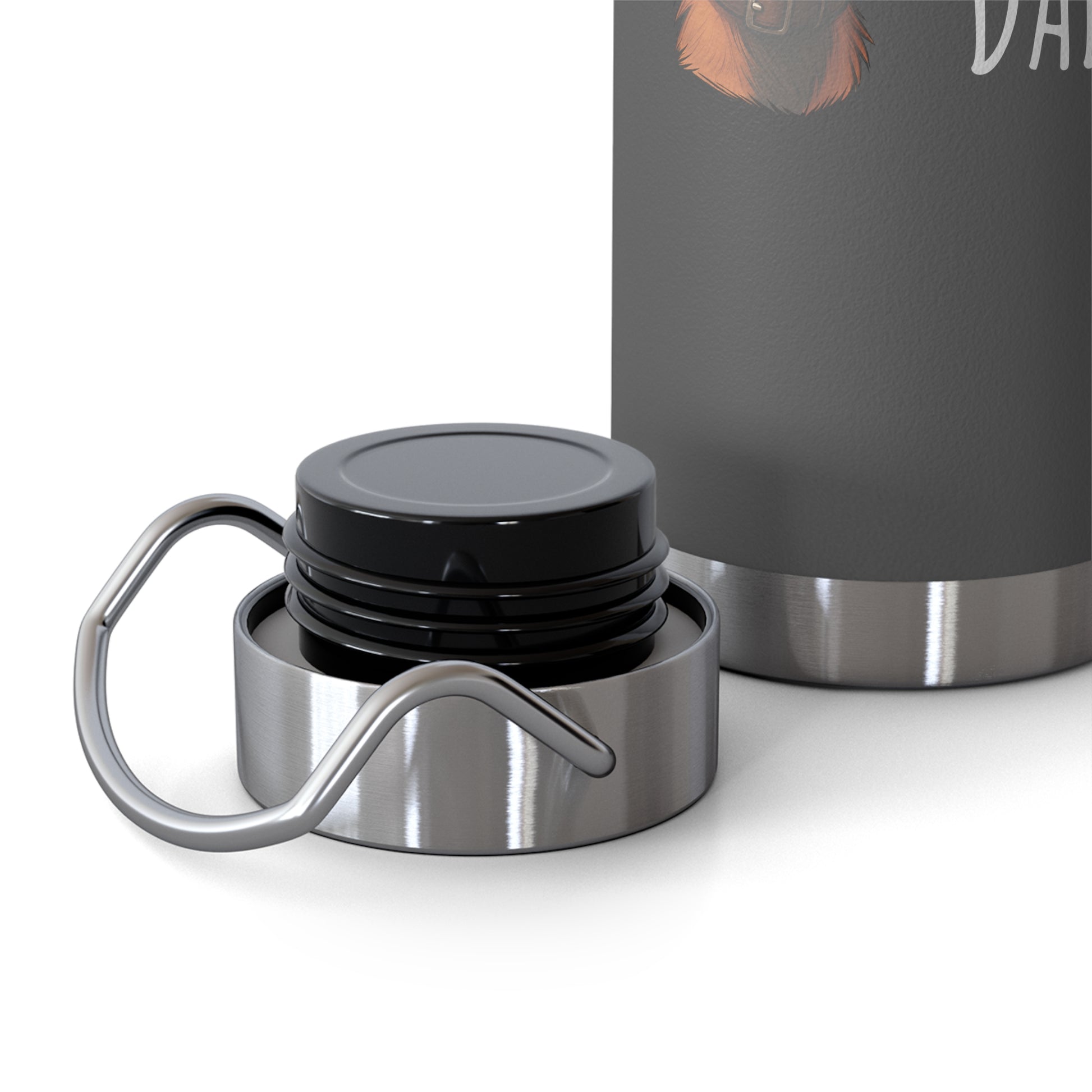 Close-up of a silver and black thermos with a carabiner on a white background