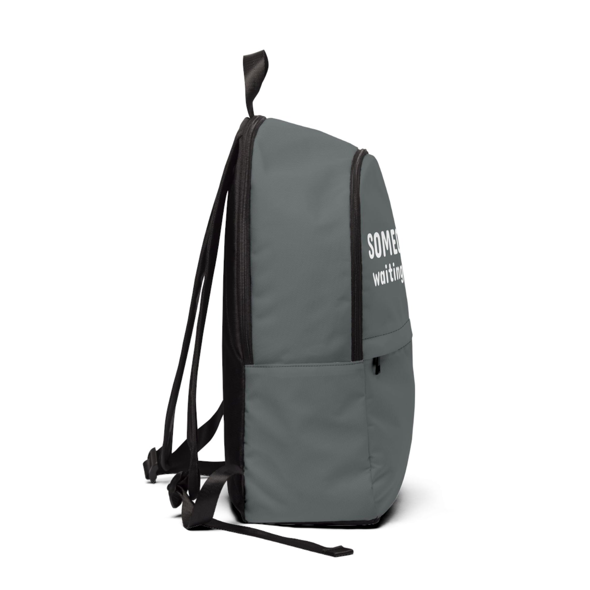 Gray backpack with 'SOMETHING' text on a white background