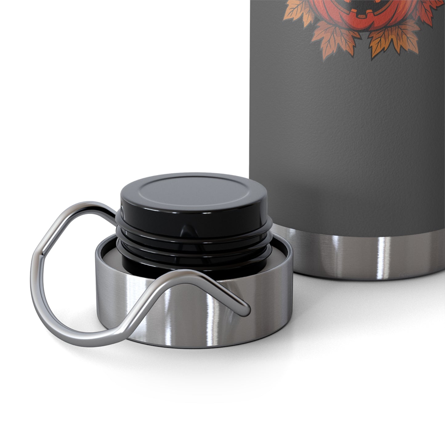 Silver thermos with black lid and carabiner on a white background