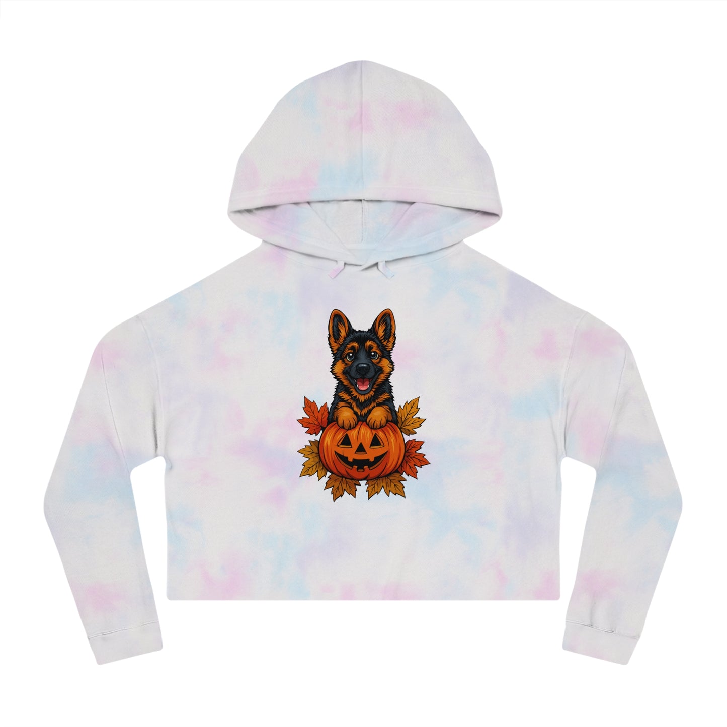 Tie-dye hoodie with a dog in a pumpkin design on a white background