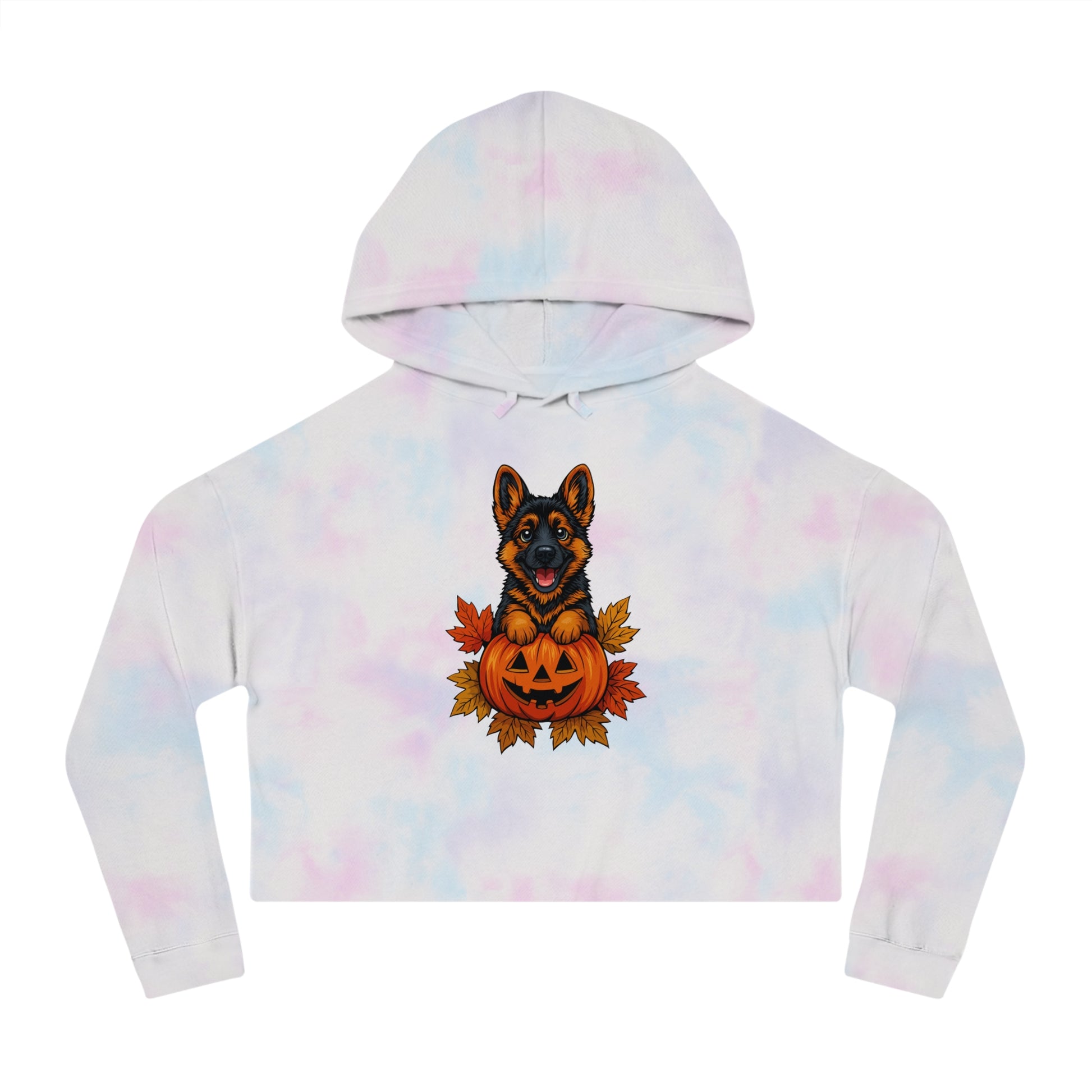 Tie-dye hoodie with a dog in a pumpkin design on a white background