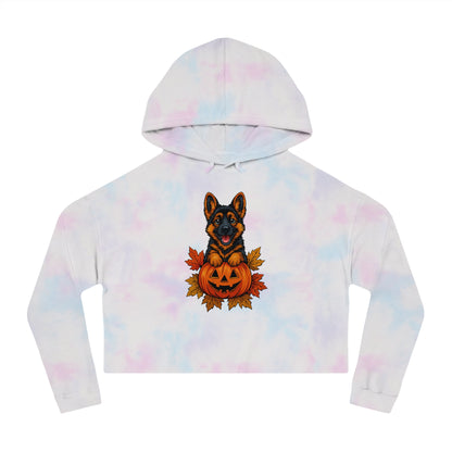 Tie-dye hoodie with a dog in a pumpkin design on a white background