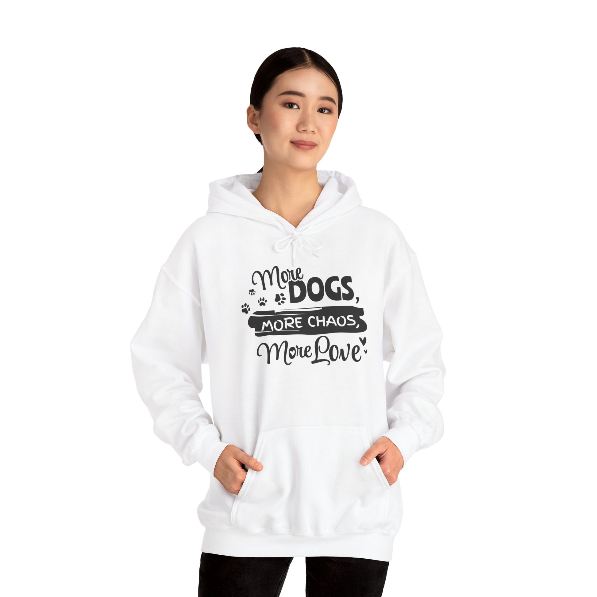 Person wearing a white hoodie with text on a white background