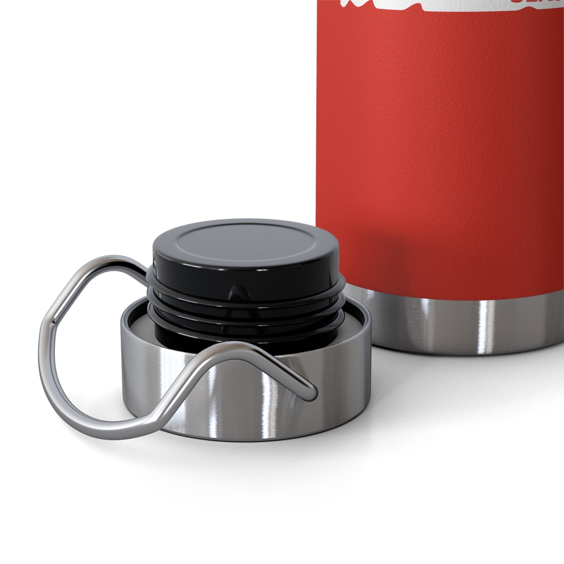 Red insulated mug with a silver and black lid on a white background