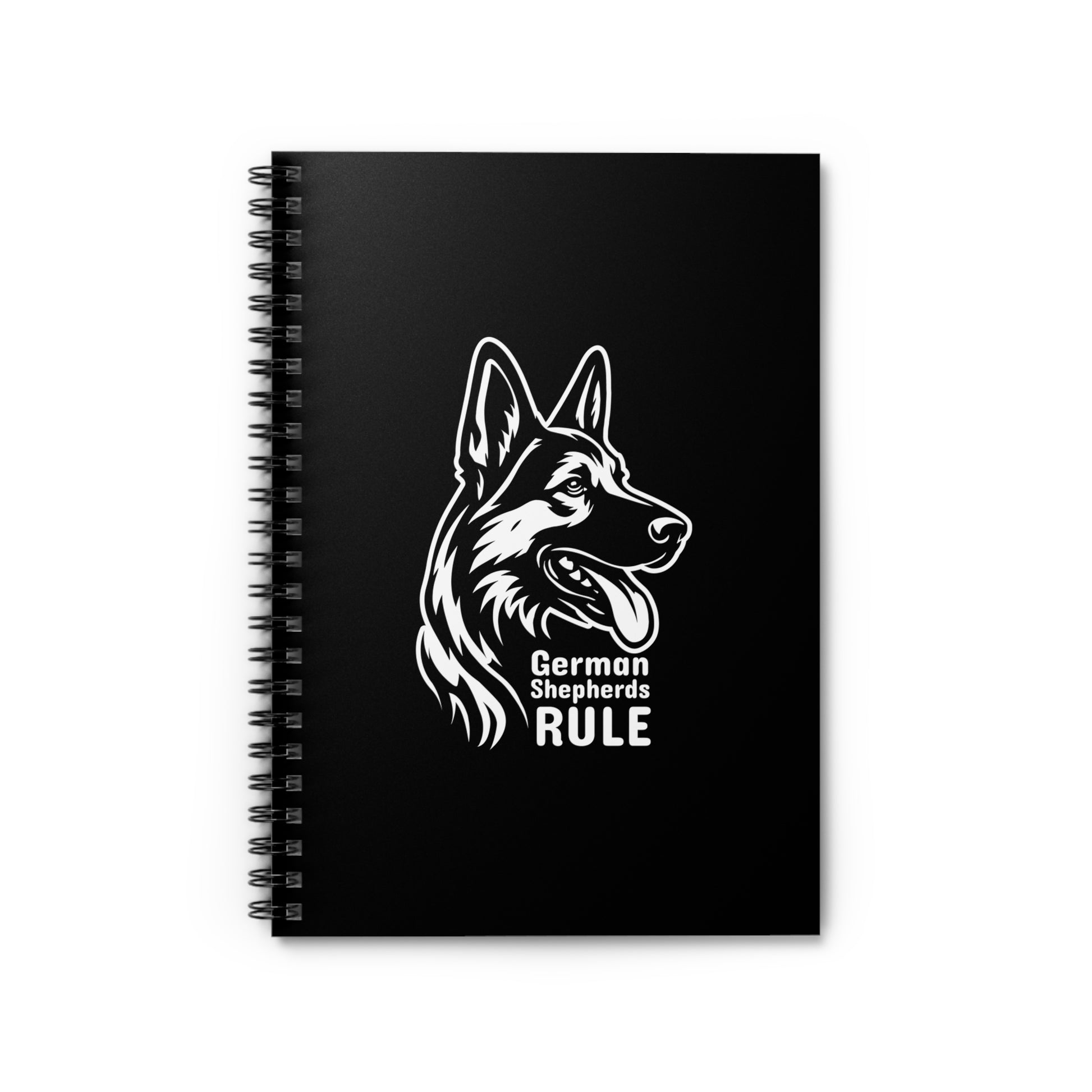 Black notebook with a white German Shepherd design and 'German Shepherds Rule' text on a white background