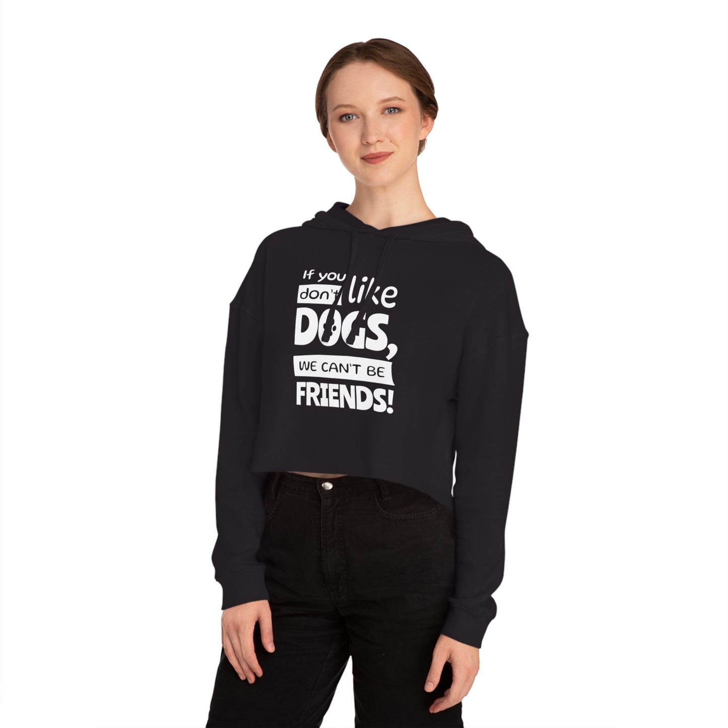 Person wearing a black hoodie with white text on a white background