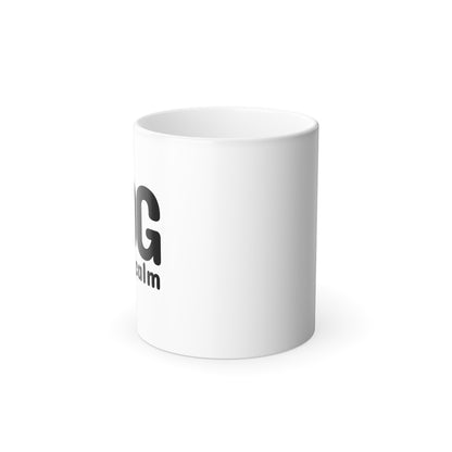 White mug with black text on a white background