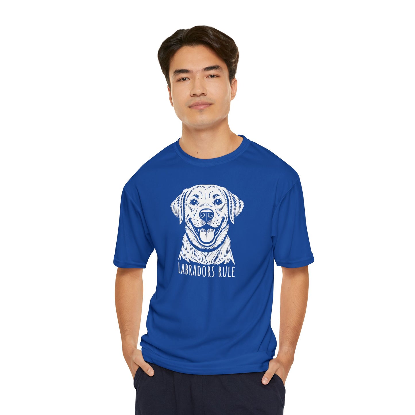 Man wearing a blue t-shirt with a dog graphic and 'Labradors Rule' text on a white background