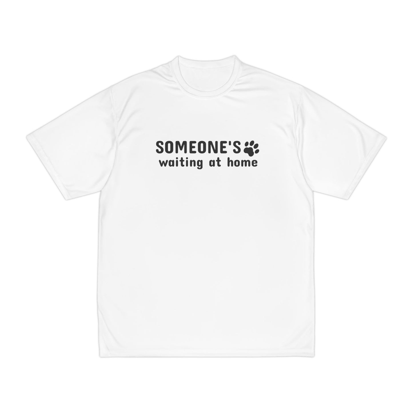 White t-shirt with black text and paw print design on a white background
