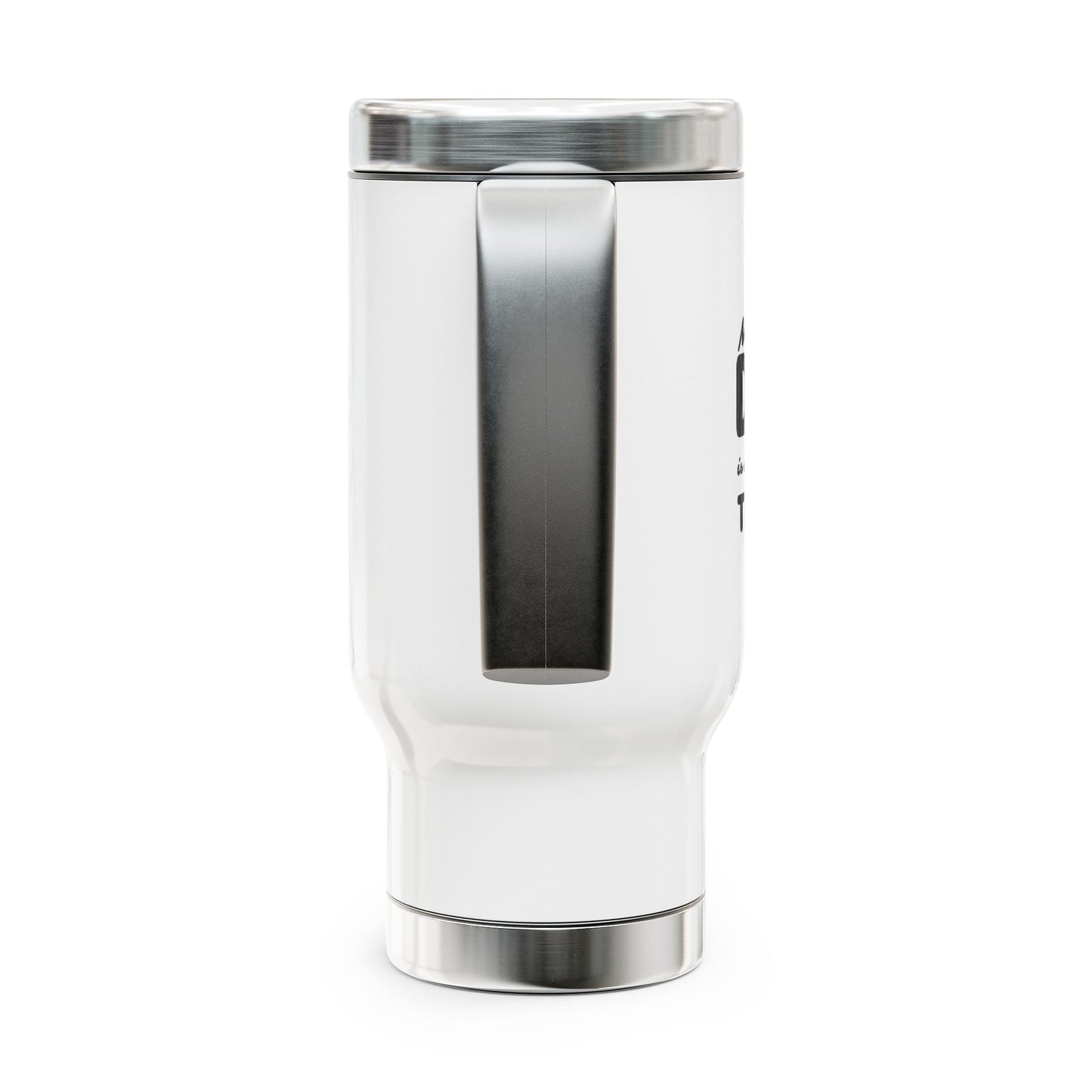 White tumbler with silver lid on a white background