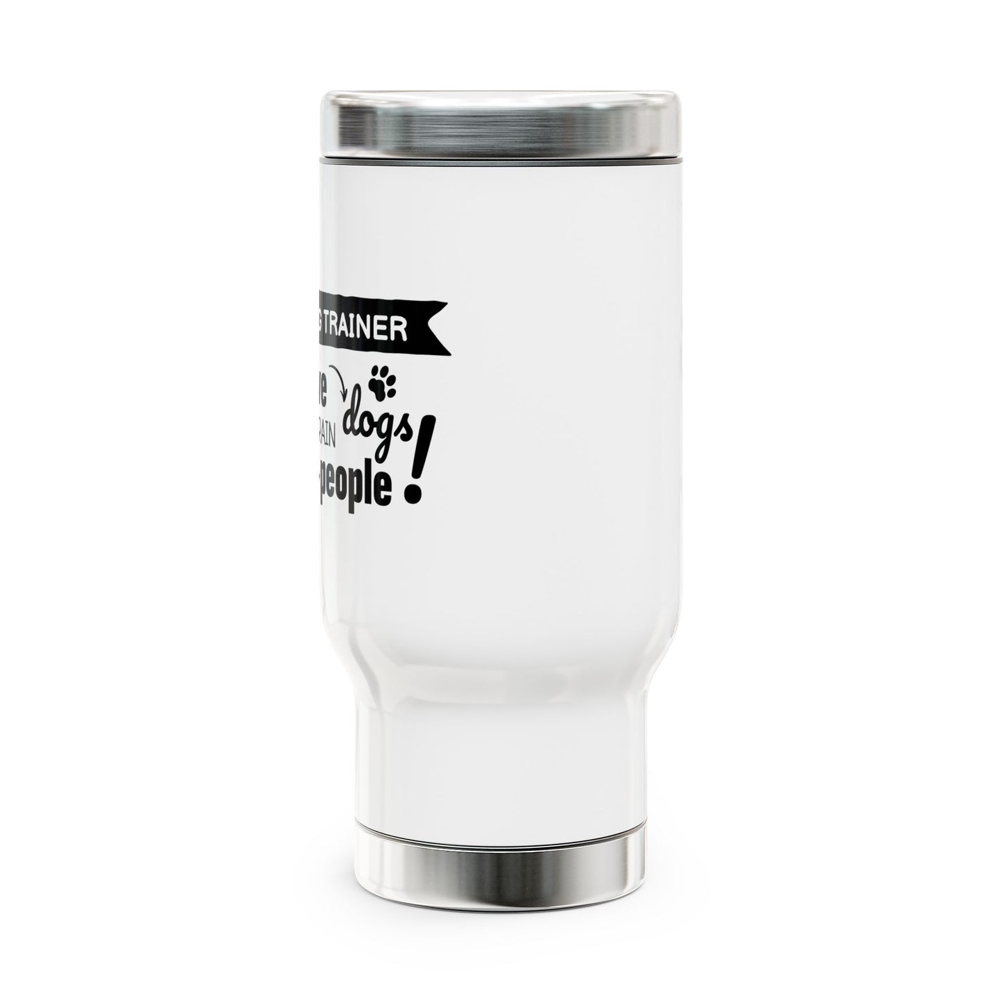 White tumbler with black text on a white background