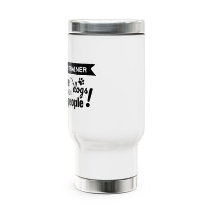 White tumbler with black text on a white background