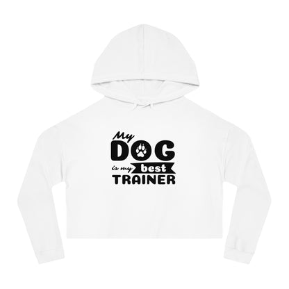 White hoodie with 'My dog is my best trainer' text on a white background