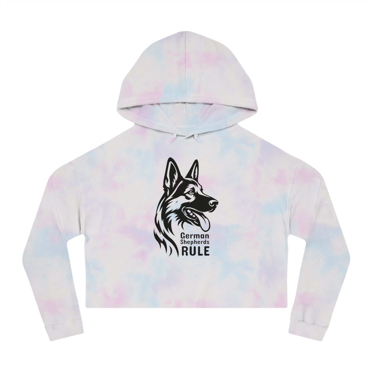 Tie-dye hoodie with a German Shepherd design and 'German Shepherds Rule' text on a white background