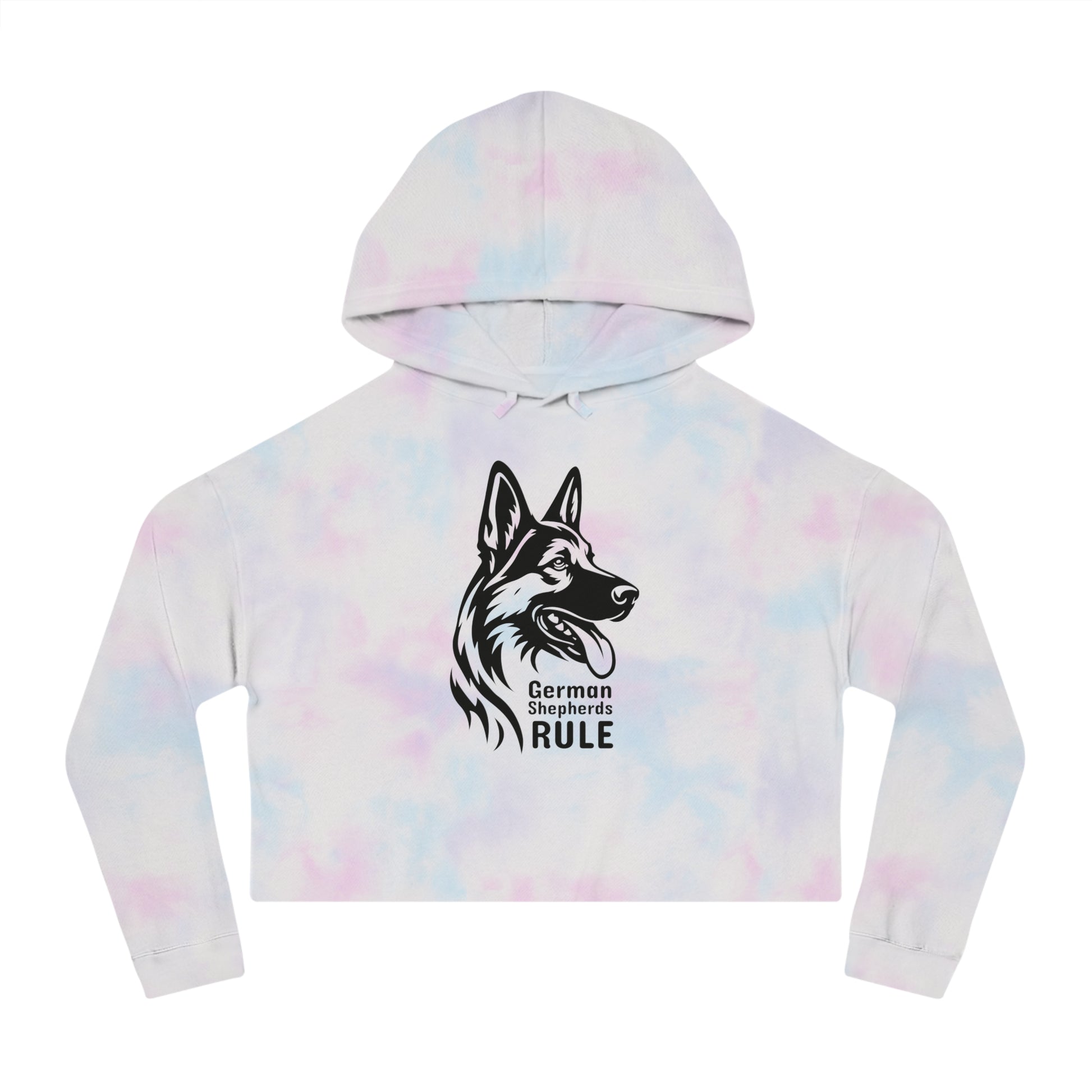 Tie-dye hoodie with a German Shepherd design and 'German Shepherds Rule' text on a white background