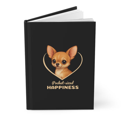 Black notebook with a chihuahua illustration and 'Pocket-sized Happiness' text on a white background