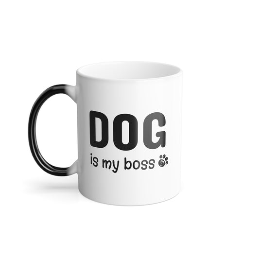 White mug with black text 'DOG is my boss' on a white background