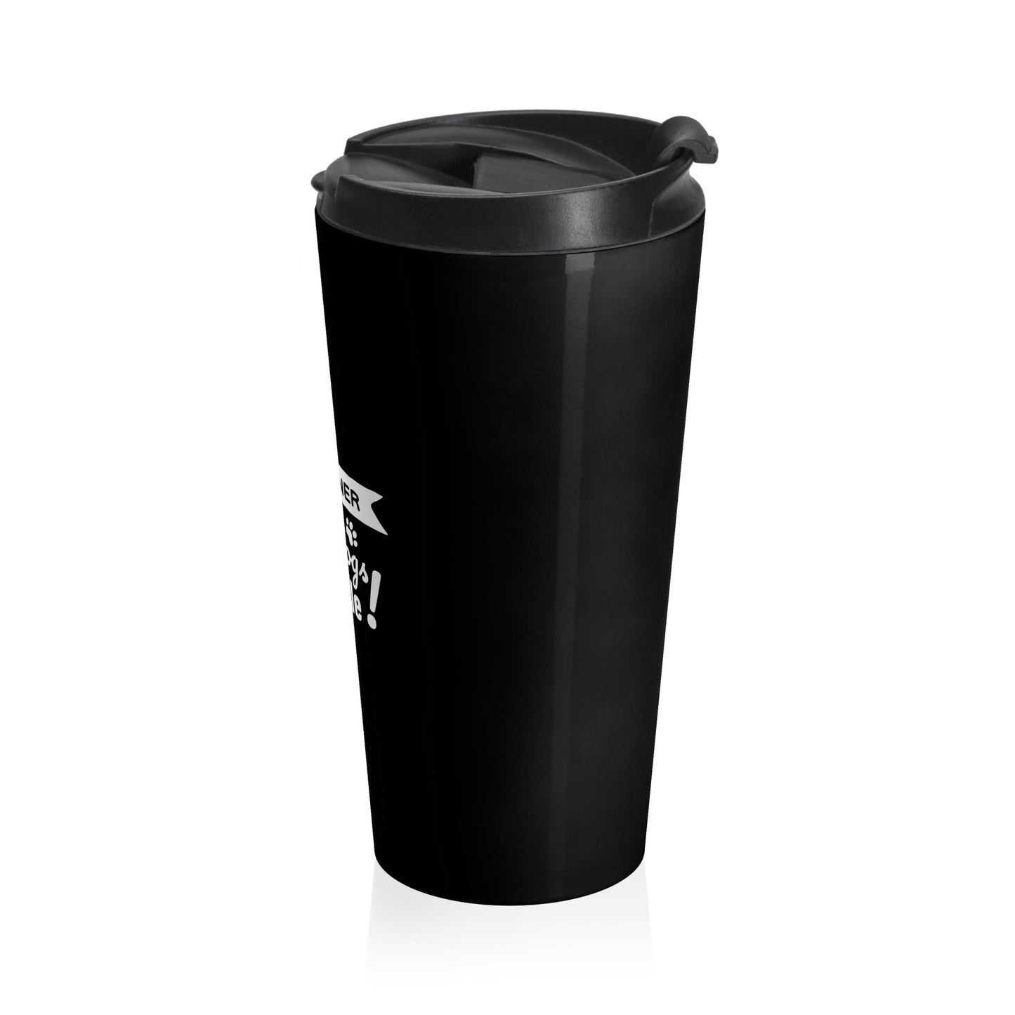 Black travel mug with a white logo and text on a white background