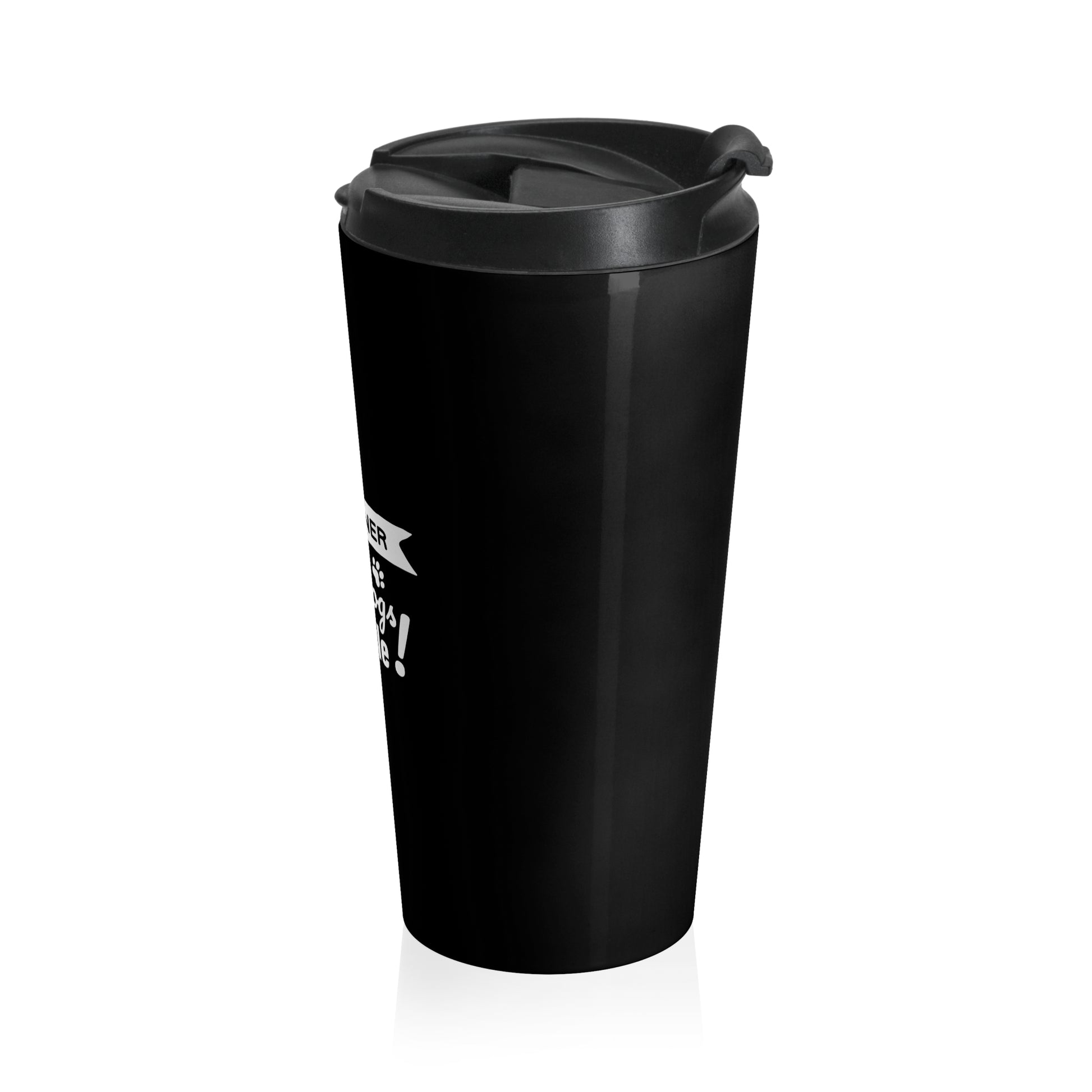 Black travel mug with a white logo and text on a white background