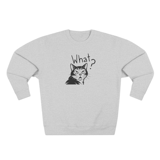Gray sweatshirt with a cat graphic and 'What?' text on a white background