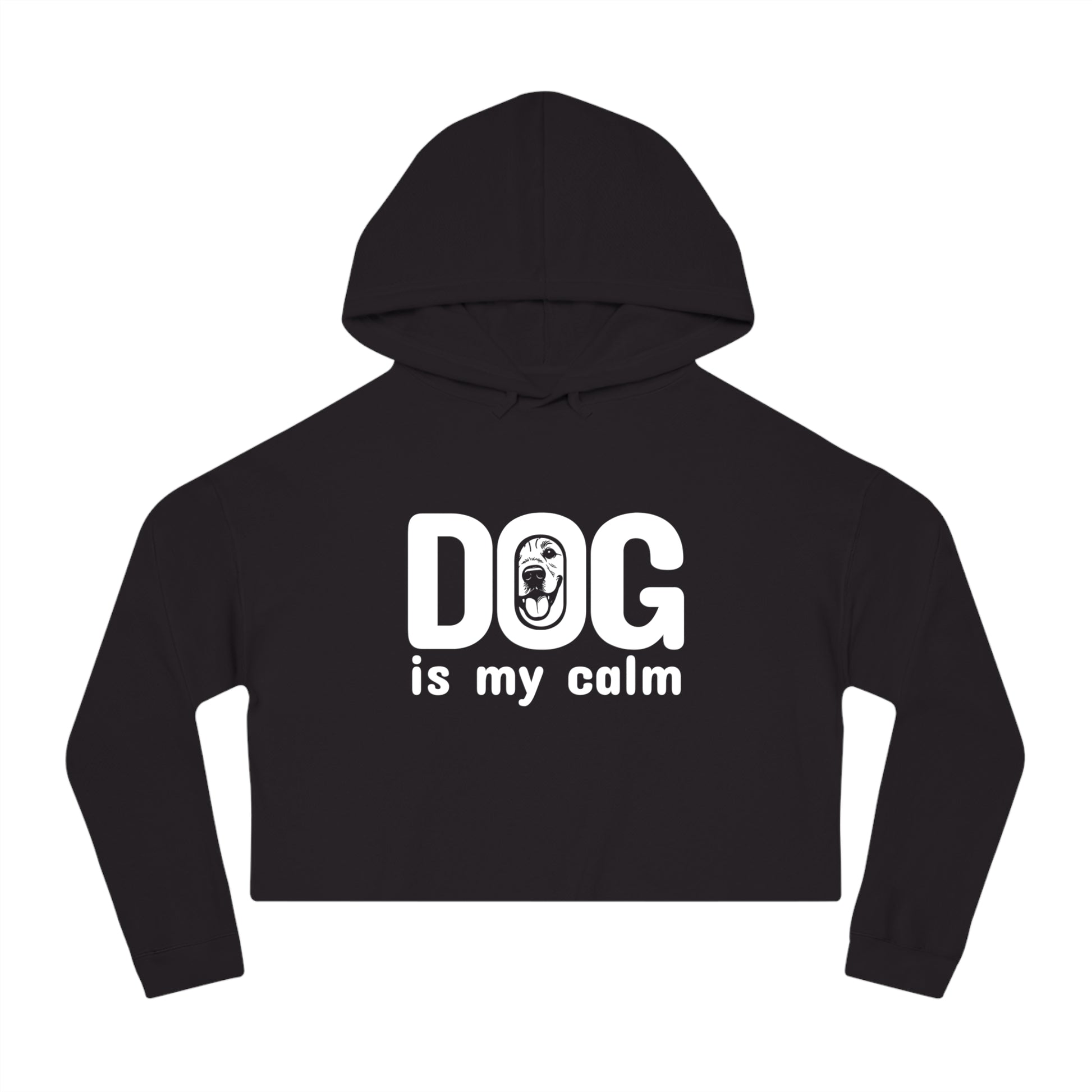 Black hoodie with 'DOG is my calm' text on a white background