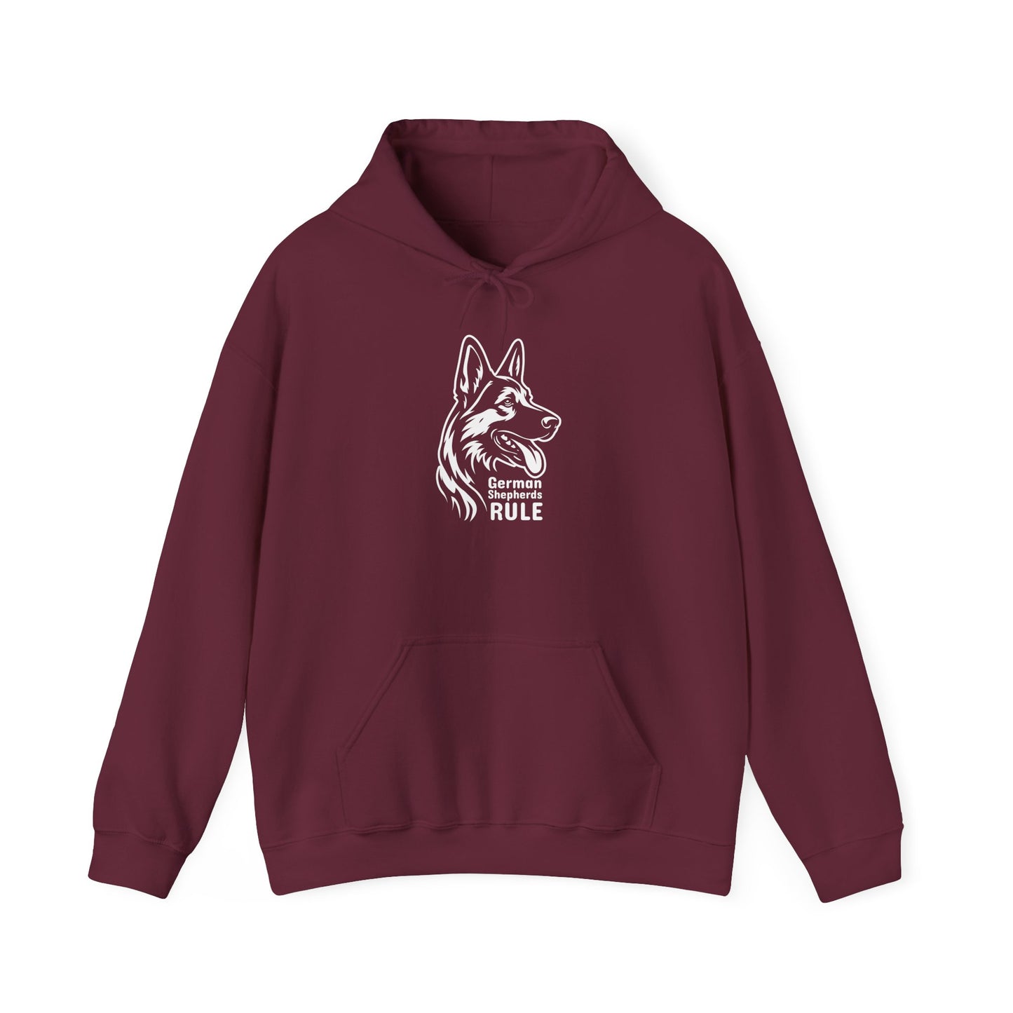 Maroon hoodie with a dog graphic and text on a white background