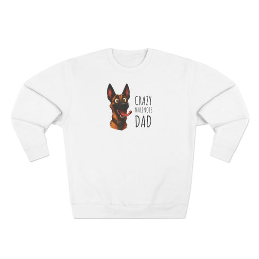 White sweatshirt with a dog graphic and text on a white background