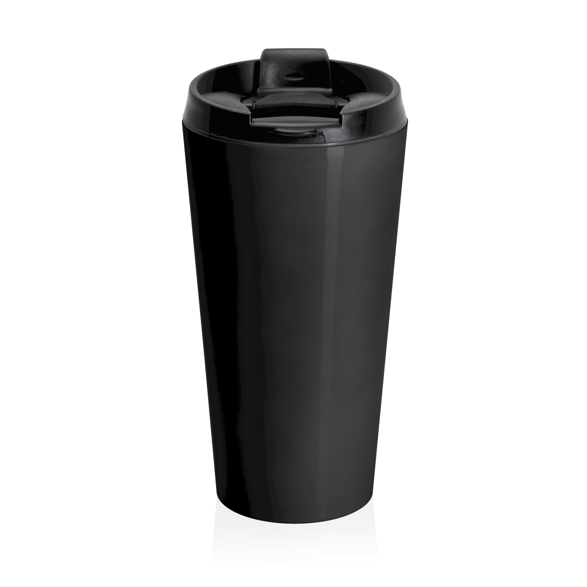 Black tumbler with a lid on a white background