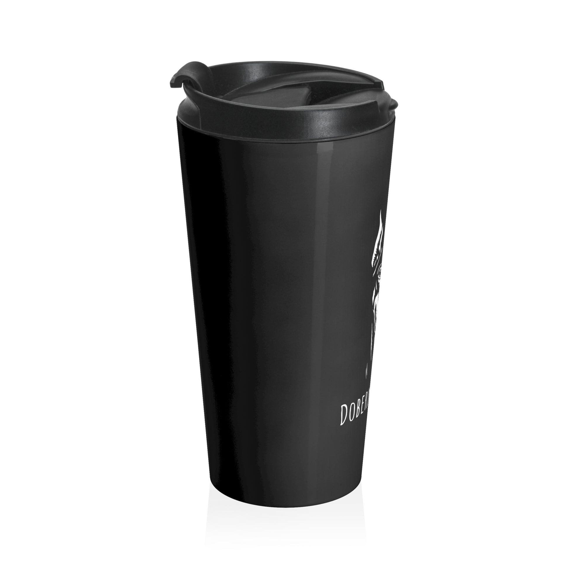 Black travel mug with a lid on a white background