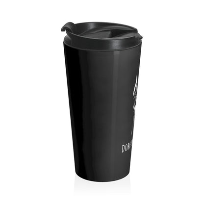 Black travel mug with a lid on a white background