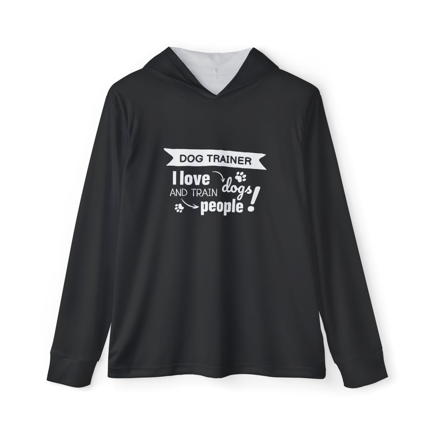 Black hoodie with text 'Dog Trainer I love dogs and train people!' on a white background