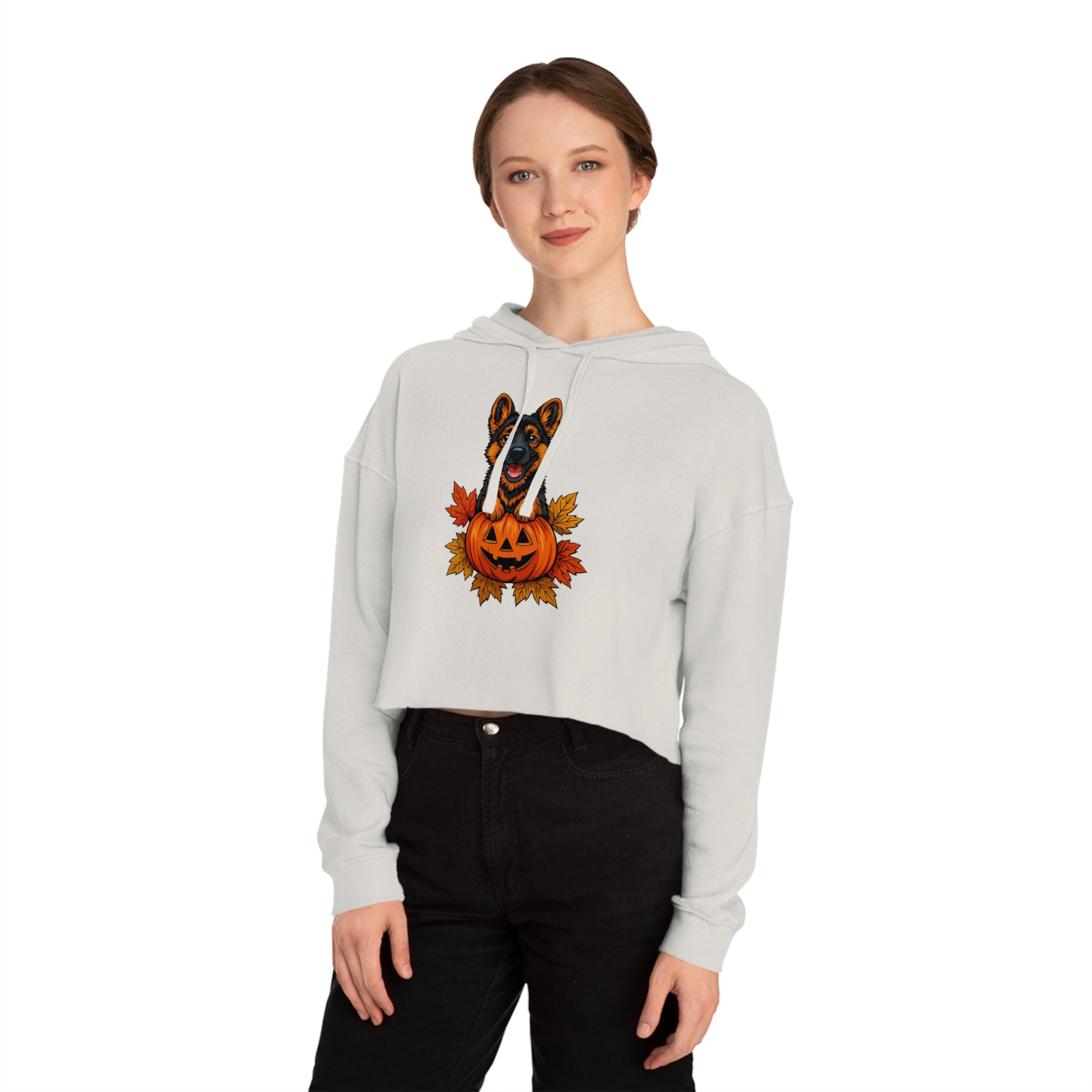 Person wearing a light gray hoodie with a Halloween-themed design on a white background