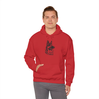 Man wearing a red hoodie with a black dog graphic on a white background