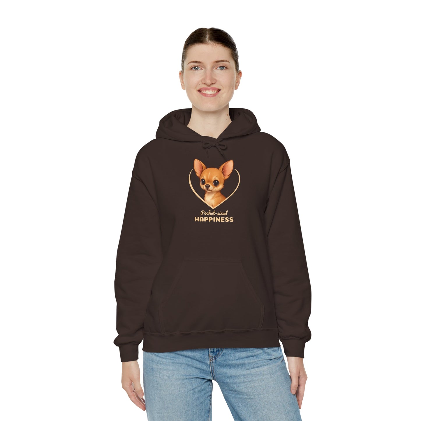 Person wearing a brown hoodie with a dog graphic and text on a white background