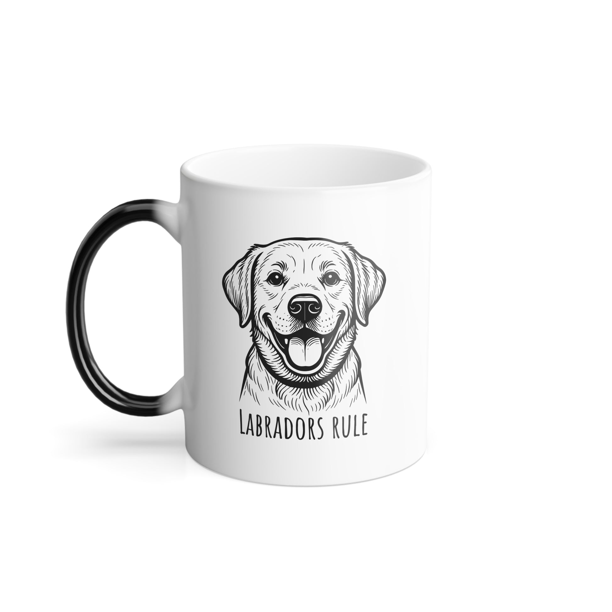 White mug with black handle featuring a Labrador illustration and 'Labradors Rule' text on a white background.