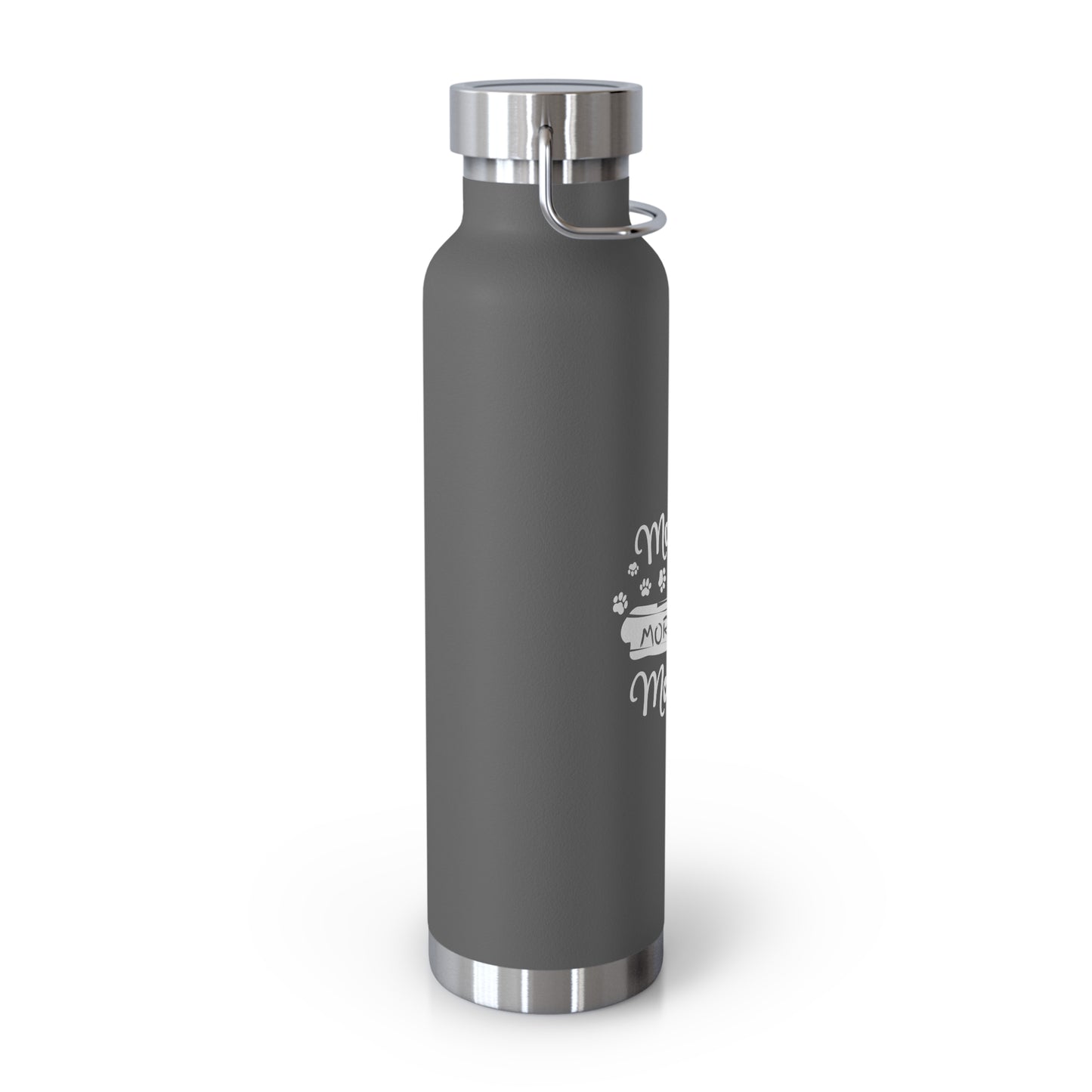 Gray water bottle with silver cap and white text on a white background